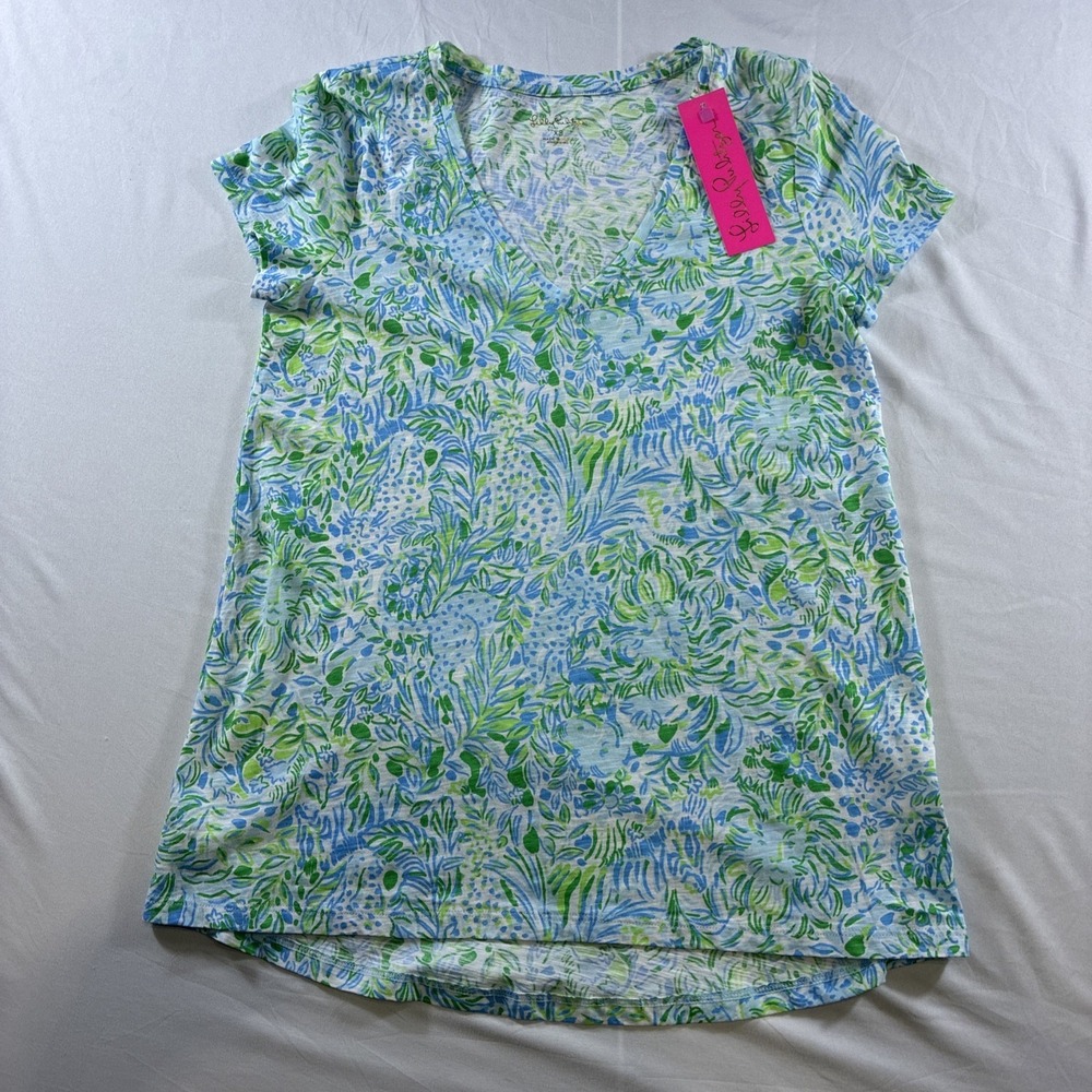 Lilly Pulitzer Etta V-Neck Tee Hydra Blue Dandy Lions Cotton Slub Top XS NEW